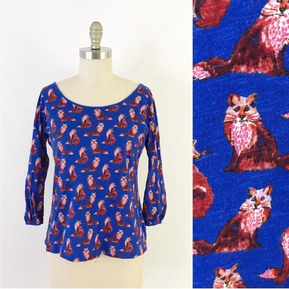 ANTHROPOLOGIE Forest Fete Novelty Fox Print 3/4 Sleeve Top Blue M As Seen On TV - Picture 3 of 13